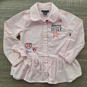 Tommy Hilfiger Little girls button down embroidered dress 24M Baby striped pink